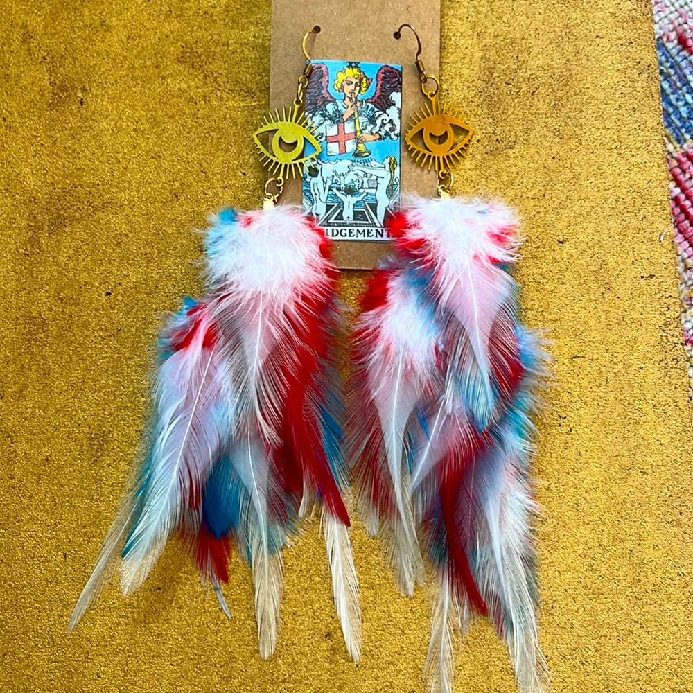 Colorful Feather Earrings with Eye Design